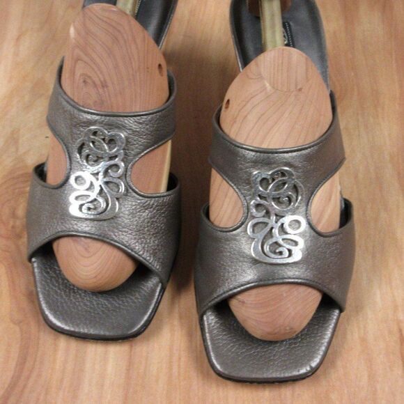 Brighton Shoes - BRIGHTON Tresor Grey Metallic Leather Slides Womens Size 7.5 Kitten Heel Sandals